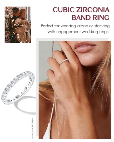 DAYBYDAY Sapphire/Emerald/Ruby Full Eternity Band Rings for Women, 2.4mm Thin Birthstone Stackable Rings, 925 Sterling Silver/14K Gold Plated Gemstone Wedding Band Anniversary Ring Size 6 to 10 - color: 04. White Cz, April