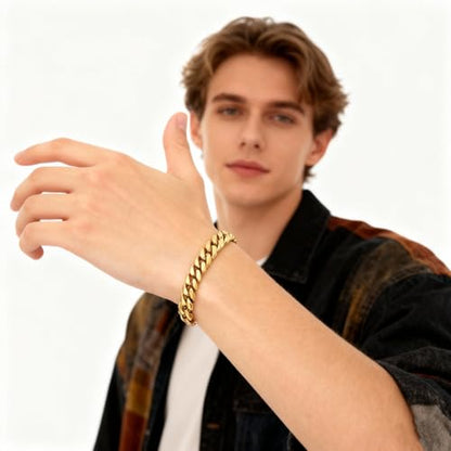 CaptainSteeL Cuban Bracelet for Men Stainless Steel Chain Link Bracelet | 8mm Width,7/7.5/8/9 Inch Length, Silver/18K Gold Plated,Men Bracelet,Waterproof Bracelet,Bithday ,Christmas gift - color: Cuban Chain Gold Plate, size: 9in