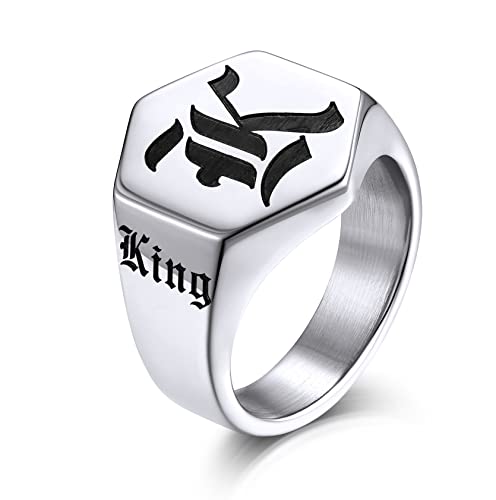KeyStyle Custom Signet Rings for Men, Stainless Steel Personalized Engraved Pinky Ring for Women, Cool Ring Biker Rings Gifts for Father Husband Mother Grandfather(Size 7-14) - color: Stainless Steel, size: 10, style: Hexagon