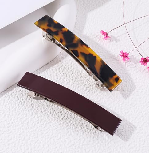 2 Pack French Design Hair Barrettes Tortoise Shell Acetate Celluloid Rectangle Hair Clips for Women - color: Dark Tortoise+Wine