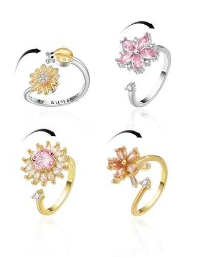 Anxiety Rings for Women – Adjustable Flower Spinner Ring, Daisy & Sunflower Fidget Ring, Gold Plated Calming Jewelry - style: Style 09 Set