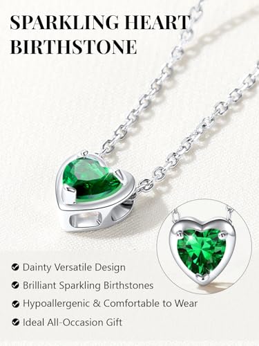 Silvora Heart/Round Birthstone Necklace for Women, Sparkling Crystal Pendant, Dainty Birth Month Jewelry, Adjustable 16"+2" Chain - color: Silver, style: May Heart