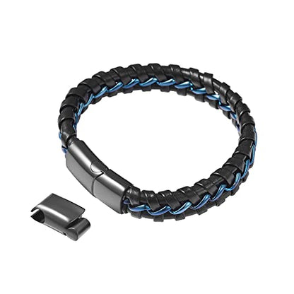 Men's Braided Genuine Leather Wristband Cuff Bracelet - color: Blue