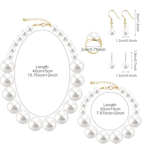 Pearl Jewelry Set for Women Faux Pearl Costume Jewelry Set with Necklace, Bracelets, Ring, Earrings for Wedding Bridal Birthday Tea Party - color: White Chunky