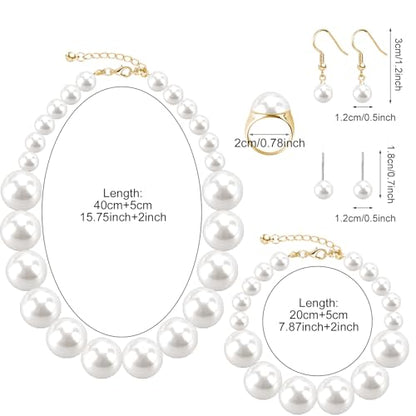 Pearl Jewelry Set for Women Faux Pearl Costume Jewelry Set with Necklace, Bracelets, Ring, Earrings for Wedding Bridal Birthday Tea Party - color: White Chunky