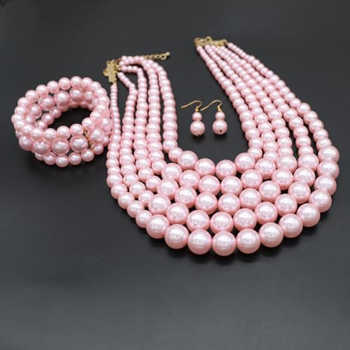 Faux Big Pearl Srand Necklaces for Women 5 Layers Pearls Choker Bib Collar Necklace Bracelet and Earrings set 1920s Costume Pearl Jewelry Bridal Wedding - color: pink