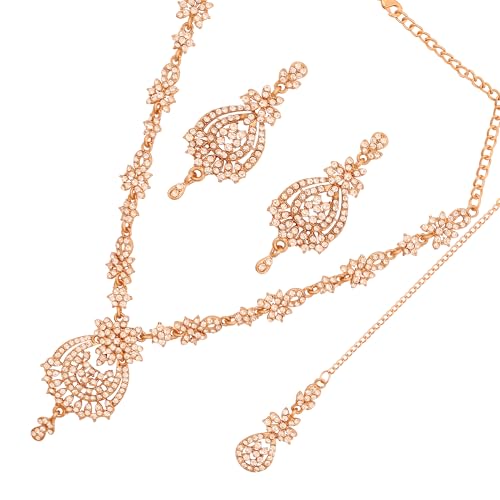 Touchstone Indian jewelry sets for women maang tikka wedding guest gold necklace bollywood jewellery set pageant elegant prom bride accessories western crystal chunky rhinestone necklaces - color: 1 1 White in gold plating long earrings