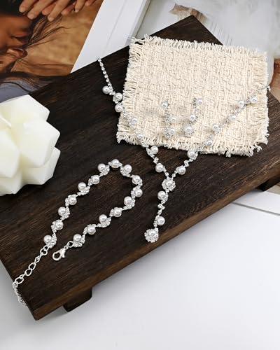 Pearl Jewelry Set for Women with Cubic Zirconia and Pearl Dangle Bridal Earrings Necklace Bracelet Set for Wedding Jewelry