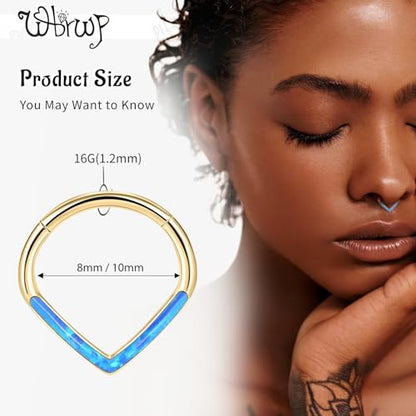 WBRWP 316L Stainless Steel Nose Hoop Rings Clicker with Zircon/Opal 14g-20g | Hypoallergenic Nose Rings Segment Clicker Lip Rings Cartilage Rook Conch Earrings Diameter 5mm-10mm - color: Teardrop with Blue Opal - Gold