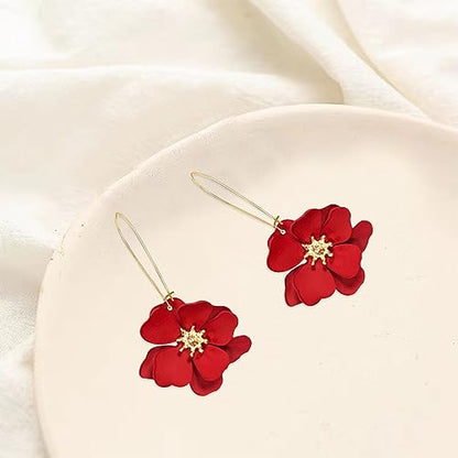 Bohemian Daisy Flower Matte Floral Long Petal Drop Dangle Earrings Layered Tiered for Women Chic Boho Wedding Jewelry - color: Big Red