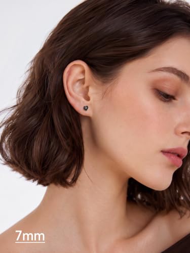 JustBeingCute Heart Stud Earrings 14K Gold Plated 925 Sterling Silver Posts | Dainty Simple Heart Earrings for Women hypoallergenic Chunky Puffy Studs Lightweight with Gift Box（7/10mm） - color: 7mm Black Stud