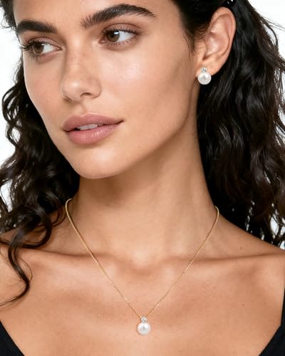 14K Gold Plated Pearl Jewelry Set for Women | Pearl Pendant Necklace and Studs Earrings for Wedding, Bridal, Bridesmaid