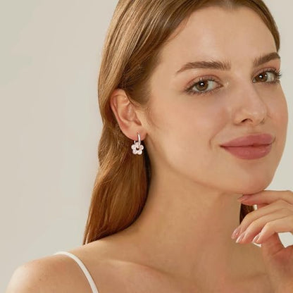 Robaice Pearl Earrings for Women, 14K Gold Plated Dangle Drop Earrings | Small Pearl Drop Huggie Hoop Earrings, Hypoallergenic Dainty Gold Earrings, Wedding Jewelry Gifts for Women Trendy - style: silver flower-1