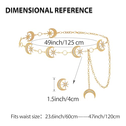 Rhinestone Moon Chain Belt Sparkly Star Waist Chain Adjustable Body Jewley for Women Dress Belt Accessory - style: Gold moon star D