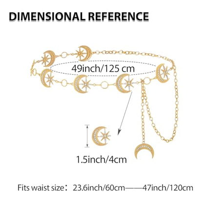 Rhinestone Moon Chain Belt Sparkly Star Waist Chain Adjustable Body Jewley for Women Dress Belt Accessory - style: Gold moon star D