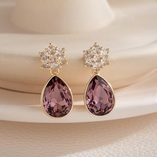 Elegant Austrian Crystal Teardrop Dangle Earrings for Women,14K Gold Plated Flower Drop Earrings Jewelry Gift for Birthday Wedding Anniversary - color: Antique Pink