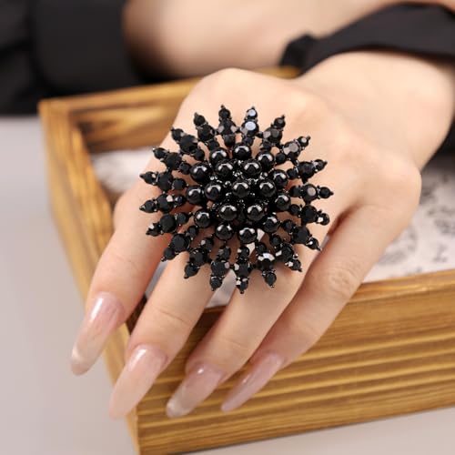 Elegant Big Crystal Ring for Women Gold Stacking Pearl Rhinestone Flower Rings Open Finger Adjustable Crystal Statement Ring Jewelry for Bridal Wedding - color: Crystal 2-black