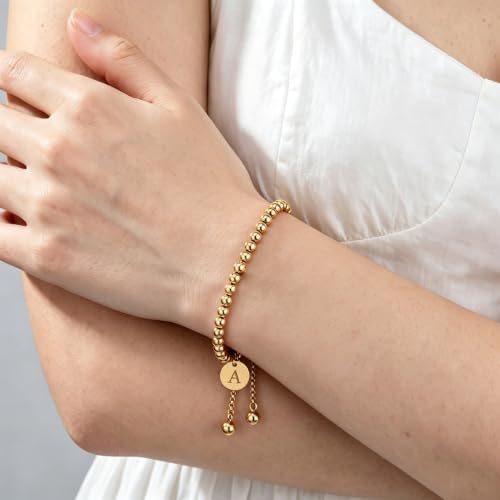 Waterproof Non Tarnish PVD 18K Gold Plated Stainless Steel Beaded Bracelets for Women, Hypoallergenic Dainty Initial Letter Charm Beaded Stackable Adjustable Bracelets, Love Knot Oval Bangles Single & Gift Sets Birthday Jewelry for Her - color: gold-A