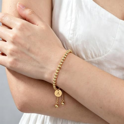 Waterproof Non Tarnish PVD 18K Gold Plated Stainless Steel Beaded Bracelets for Women, Hypoallergenic Dainty Initial Letter Charm Beaded Stackable Adjustable Bracelets, Love Knot Oval Bangles Single & Gift Sets Birthday Jewelry for Her - color: gold-A