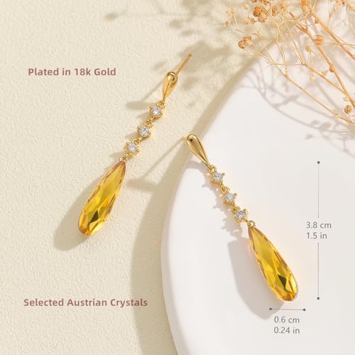 VONSSY Austrian Crystal Teardrop Drop Dangle Earrings Gold Plated Silver Post Zircon Gemstone Jewelry Gift for Woman Girlfriend Mom Wife - color: Yellow