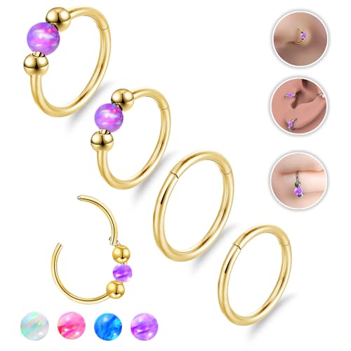 4PCS Nose Rings Opal 18G Nose Hoops 316L Surgical Steel Hypoallergernic Nose Piercings Jewelry for Women Nose Rings Suitable for Septum Rings Cartilage Earring Tragus Earring - color: Gold Purple, size: 4 PCS 18G 8mm*10mm