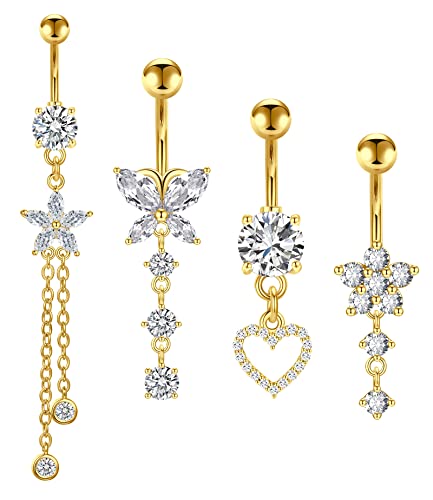 Incaton 14G Cute Heart Stainless Steel Belly Button Rings Belly Piercing Jewelry Diamond Belly Rings for Women Navel Piercing Jewelry - color: 4pcs Gold 10mm