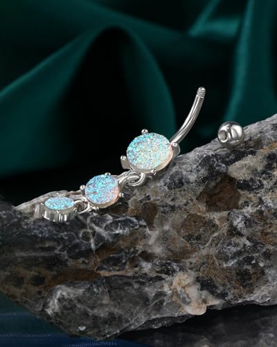 Cute Dangly Opal Belly Button Rings 14g 316L Stainless Steel Dangle Navel Rings for Women Belly Button Piercing Dangling Navel Bar - color: Silver-Mermaid Opal