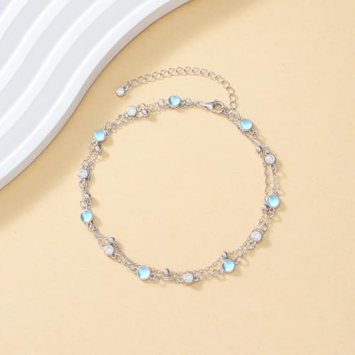HPQQ Anklets for Women 925 Sterling Silver Natural Stone Layered Anklet Beach Summer Fine Jewelry Birthday Mothers Day Gifts for Women Mom Her - color: Moonstone 9"-11"