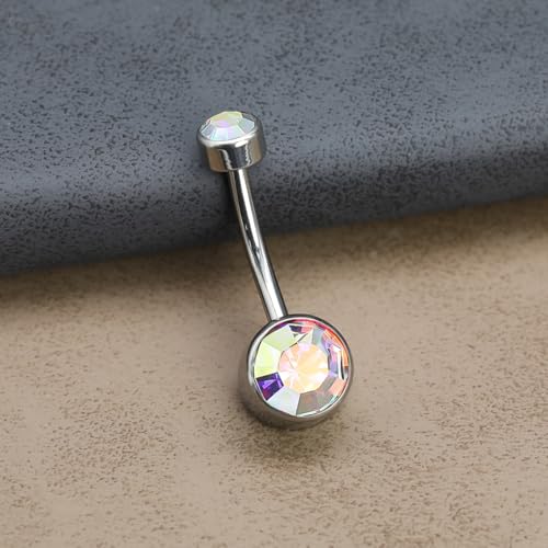 Titanium Floating Belly Button Rings 14G, ASTM F136 Implant-Grade Curved Barbell, Internal Thread with 6mm Teardrop Gems, Sparkle Navel Piercing Jewelry, 10mm/12mm Length - color: Silver-AB, size: 1/2"(12mm)