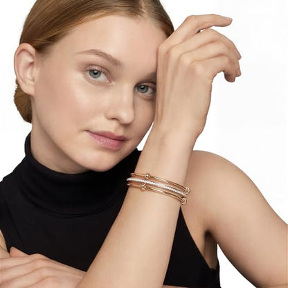 mixed metal Tri-Tone Bangles Bracelet for Women, 3/5 Pcs Stainless Steel Gold Plated Stackable Bracelet Set, Stylish Jewelry Gift - color: Gold zirconium+gold+gold, size: 72