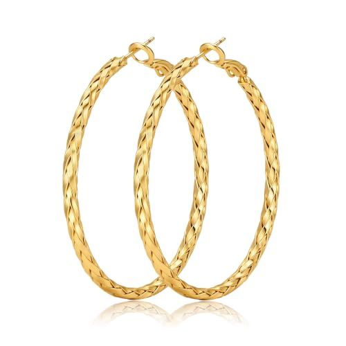 3MM Thin Sterling Silver Hoop Earrings for Women Hypoallergenic | Lightweight Small Silver Hoop Earrings Thin Twisted Hoop Earrings for Sensitive Ears - color: Gold-50MM