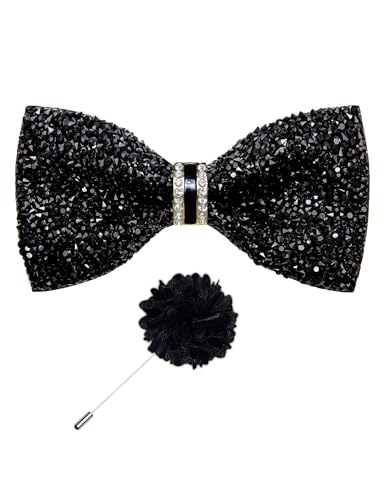 DiBanGu Mens Rhinestone Bow Tie with Ring and Lapel Pin Set | Adjustable Strap,Pre-tied Style,3PCS,Sequin Diamond Bowties，Solid/Mix Color,Shiny Accessory,for Party Prom Banquet Wedding - color: Black