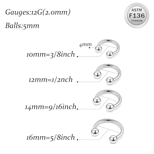 Ruifan 20G 18G 16G 14G 12G 8G 6G 4G 2G Horseshoe Nose Ring Titanium Septum Rings Piercing Jewelry Internally Threaded Gauges Cartilage Conch Helix Rook Lip Tragus Earring Hoop Eyebrow For Women Men - size: Ball: 12G - 10MM