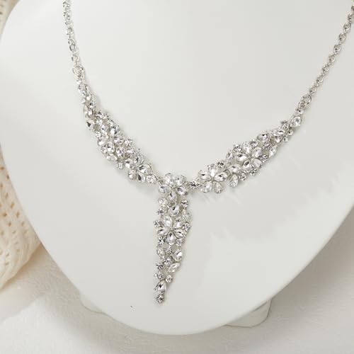 EleQueen Statement Sparkle Crystal Necklace Bracelet Dangle Earrings Set for Women, Art Deco Prom Chandelier Jewelry for Wedding Bridal - color: White-Silver-Plated-Base