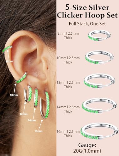 5 Pairs Huggie Hoop Earrings, Cubic Zirconia 14K Gold-Plated 316L Surgical Steel, Hypoallergenic Lightweight Design for Women & Men Cartilage & Multi-Piercing Stacking(13-21mm) - color: I+silvery+green