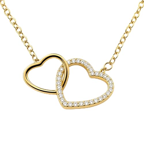 Gold Necklace for Women, 14K Gold Plated Cubic Zirconia Pendant Necklace, Dainty Heart Moon Circle Paperclip Jewelry for Layering, Everyday Birthday Gift - color: Gold Interlocking Heart