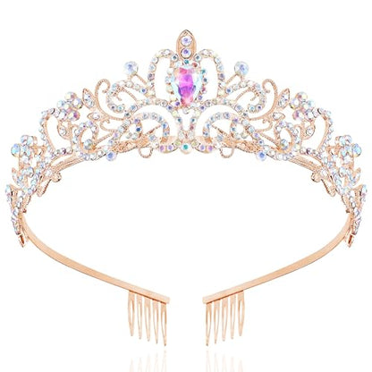 TAROSE Crowns for Women, Queen Crystal Gold Silver Tiaras Goddess Crown | with White Rhinestone and Combs, Wedding Bride Birthday Princess Bridal Shower Hair Accessories for Women - color: 1 D. Rose Gold+AB