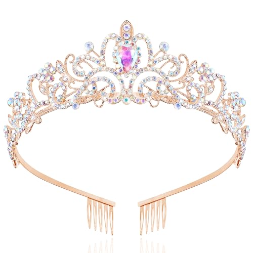 TAROSE Crowns for Women, Queen Crystal Gold Silver Tiaras Goddess Crown | with White Rhinestone and Combs, Wedding Bride Birthday Princess Bridal Shower Hair Accessories for Women - color: 1 D. Rose Gold+AB
