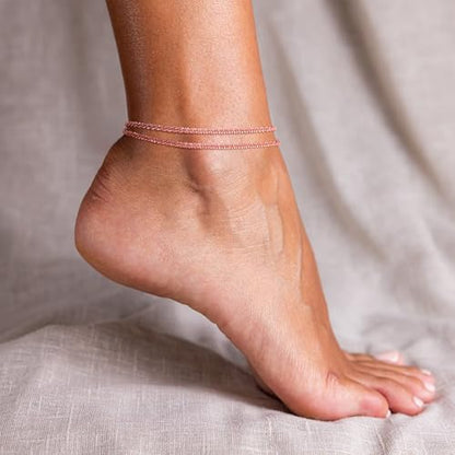 Robaice Ankle Bracelets for Women, 14K Gold Plated/Silver Layered Anklets | Waterproof Adjustable Anklet for Women, Summer Beach Anklet, Glitter Jewelry for Women Gifts - color: Rose Gold