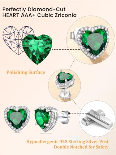 Bestyle Authentic 925 Sterling Silver 2 Carat Birthstone Earrings for Women, More Sparkle Heart/Round Solitaire Diamond Studs Earrings, Great Birthday/Christmas/Anniversary Jewelry for Wife Mother - color: 05. May Emerald-Heart