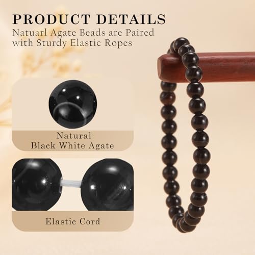 Agate Round Beaded Bracelet for Women Men Natural Agates Stone Healing Bracelets Stretch Elastic Handmade Polished Gemstone Beads Bracelet - color: Black White, size: 6mm Beads
