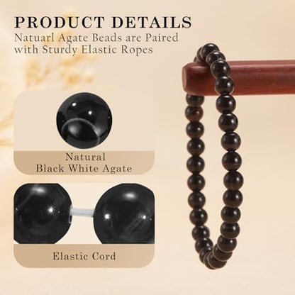 Agate Round Beaded Bracelet for Women Men Natural Agates Stone Healing Bracelets Stretch Elastic Handmade Polished Gemstone Beads Bracelet - color: Black White, size: 6mm Beads