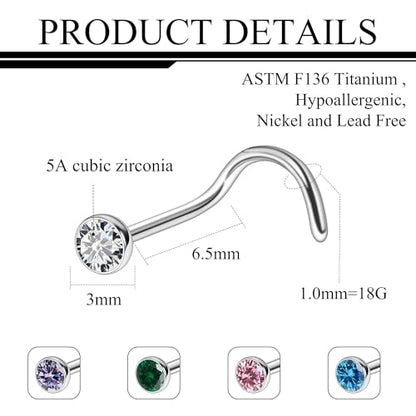ASTM F136 Titanium Nose Rings 18G 20G 22G Jeweled Mix Color CZ Nose Studs Ring Screw L-Shaped Bone Hypoallergenic Nostril Body Piercing Jewelry for Women 1.5mm 2mm 2.5mm 3mm 10PCS - style: Screw:18G(1.0mm)-3mm CZ