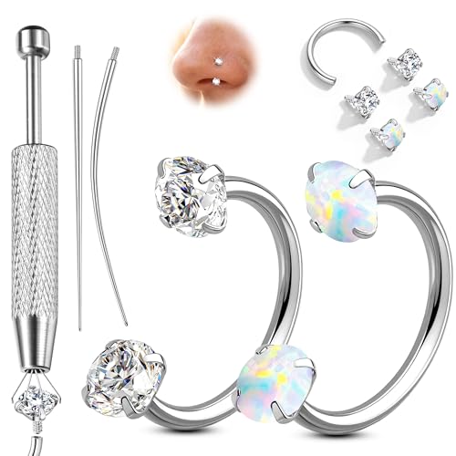 ORAZIO 18G Horseshoe Nose Rings for Women Men Double Gem Horse Shoe Nose Ring Hoops Surgical Steel Silver Gold Cartilage Helix Tragus Daith Earrings Labret Lip Piercing Jewelry Cute Small Septum Rings - color: Silver-Opal