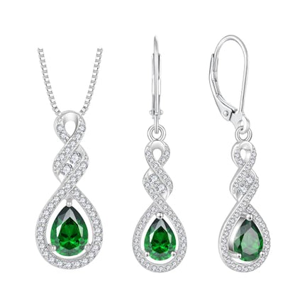 Women 925 Sterling Silver Twist Infinity Teardrop Necklace Earrings 5A Cubic Zirconia Green May Birthstone Emerald Color Jewelry Set
