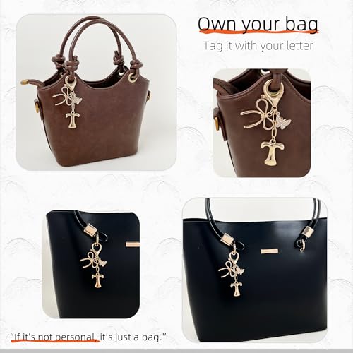 Gold Bubble Heart, Cherry, Bow & More Designs Letter Initial Keychain Bag Charms – Cute Purse Charms for Handbags - color: Bow & Butterfly, style: T