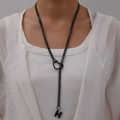 sroyte Black Heart Slip Chain Initial Necklaces for Women,Stainless Steel O-Ring Adjustable Lariat Heart Y-Necklace,Punk Gothic Cuban Collar Choker Necklace for women - color: Black H