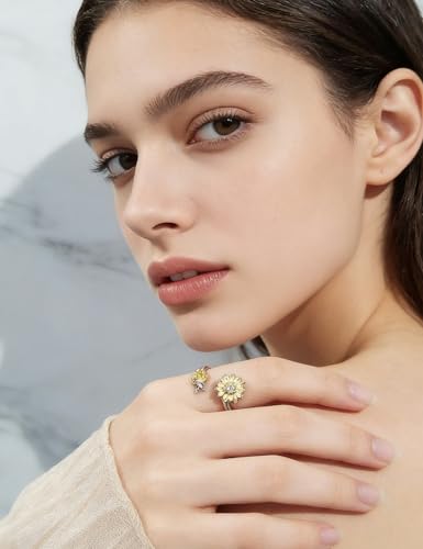 Anxiety Rings for Women – Adjustable Flower Spinner Ring, Daisy & Sunflower Fidget Ring, Gold Plated Calming Jewelry - style: Style 09 Set