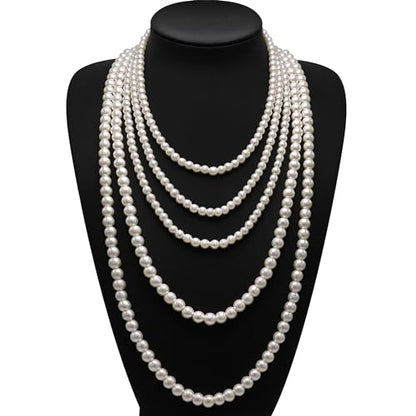 Long Pearl Necklaces for Women Cream White Faux Pearl Strand Layered Necklace Costume Jewelry - color: 2PCS Cream White(6MM+8MM)