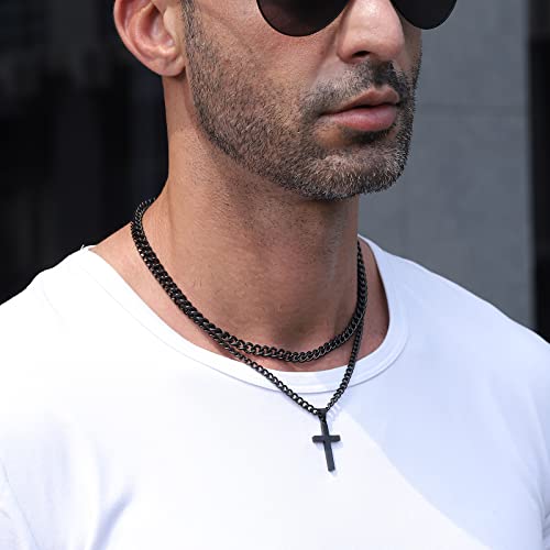 Zocomi Cross Necklace for Men Boys, Stainless Steel Layered Cuban Link Herringbone Chain Cross Pendant Christian Fashion Jewelry Gifts 16-24 Inches - color: Black, size: 18inch/20inch, style: Cuban+Cuban